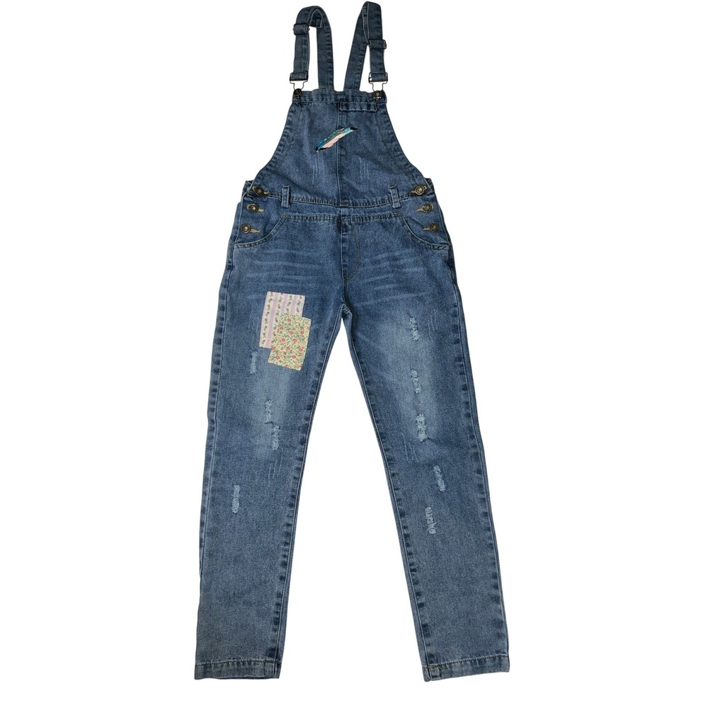 Denim Overalls Girls Large Distressed Patched Feather Appliqué Farmer Fall